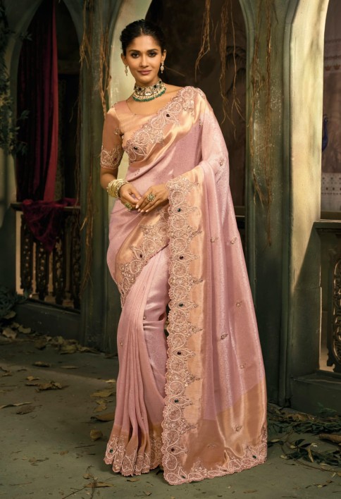 Blush Pink Handwork Pure Silk Designer Saree